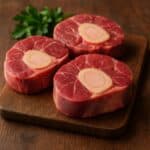 Tre ossibuchi freschi crudi disposti su un tagliere di legno, pronti per essere cucinati.
