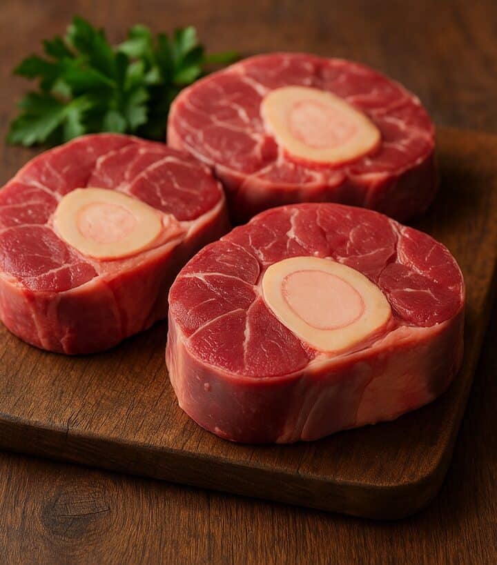 Tre ossibuchi freschi crudi disposti su un tagliere di legno, pronti per essere cucinati.