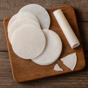 Una selezione di ostie croccanti disposte su un tagliere rustico di legno, pronte per essere utilizzate in cucina.