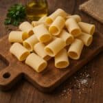 Paccheri lisci crudi disposti su un tagliere di legno con prezzemolo, olio e sale