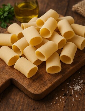 Paccheri lisci crudi disposti su un tagliere di legno con prezzemolo, olio e sale