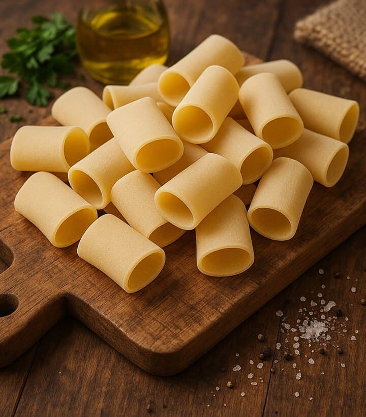 Paccheri lisci crudi disposti su un tagliere di legno con prezzemolo, olio e sale