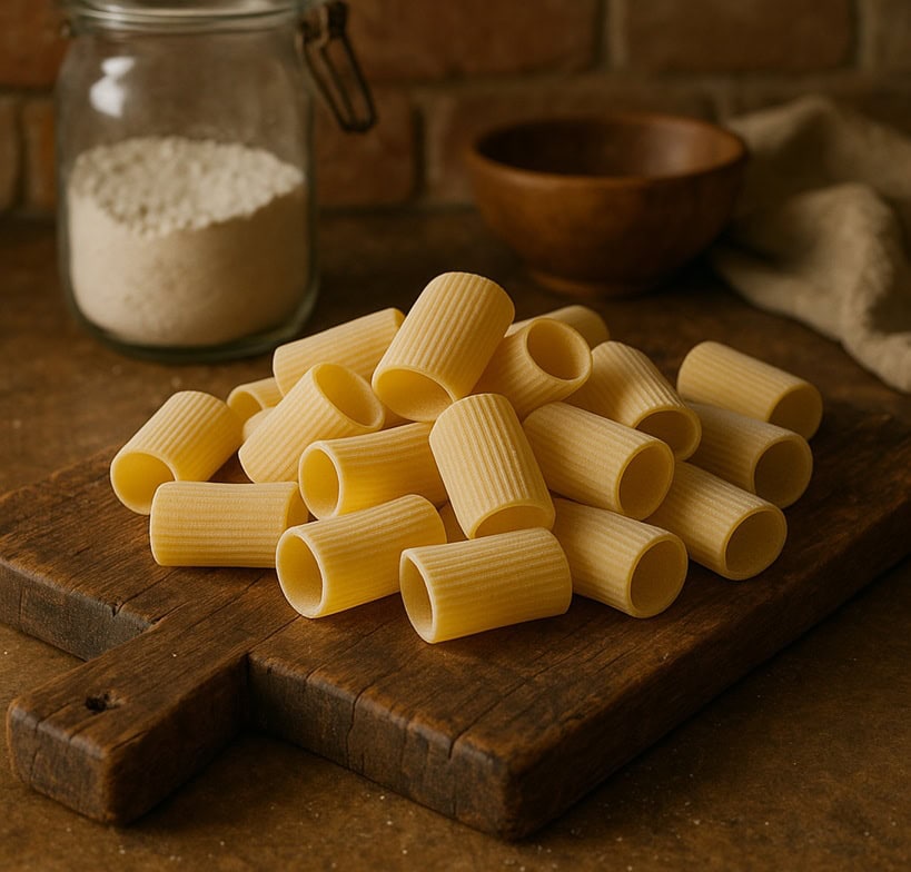 Paccheri rigati crudi disposti su un tagliere di legno rustico con sfondo cucina