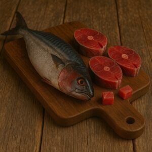 Palamita fresca e tranci rosso scuro disposti su tagliere in legno