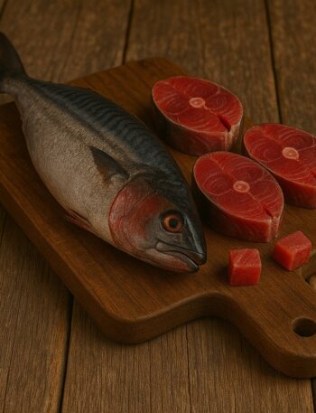 Palamita fresca e tranci rosso scuro disposti su tagliere in legno