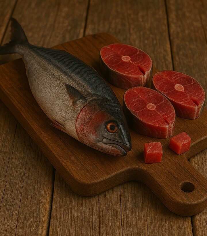 Palamita fresca e tranci rosso scuro disposti su tagliere in legno