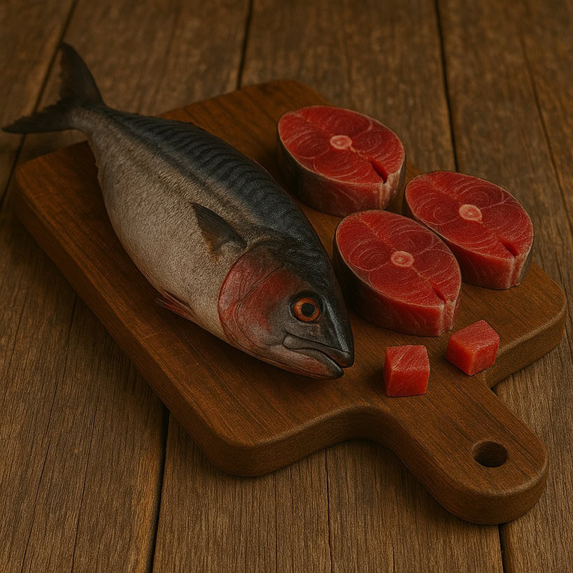 Palamita fresca e tranci rosso scuro disposti su tagliere in legno