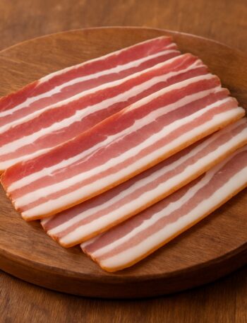 Fette strette di pancetta con venature regolari su tagliere di legno rotondo