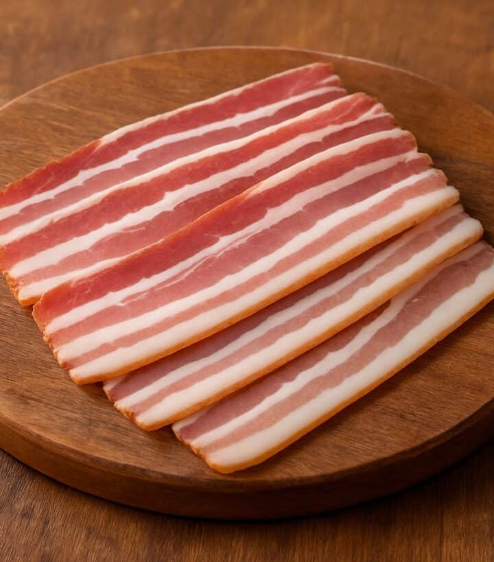 Fette strette di pancetta con venature regolari su tagliere di legno rotondo