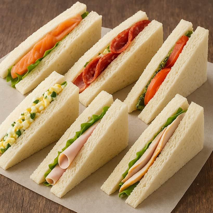 Pane per Tramezzini utilizzato per farcire sei tramezzini con farciture diverse su sfondo rustico