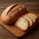 Pagnotta di pane rustico con fette affettate su tagliere di legno