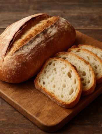 Pagnotta di pane rustico con fette affettate su tagliere di legno
