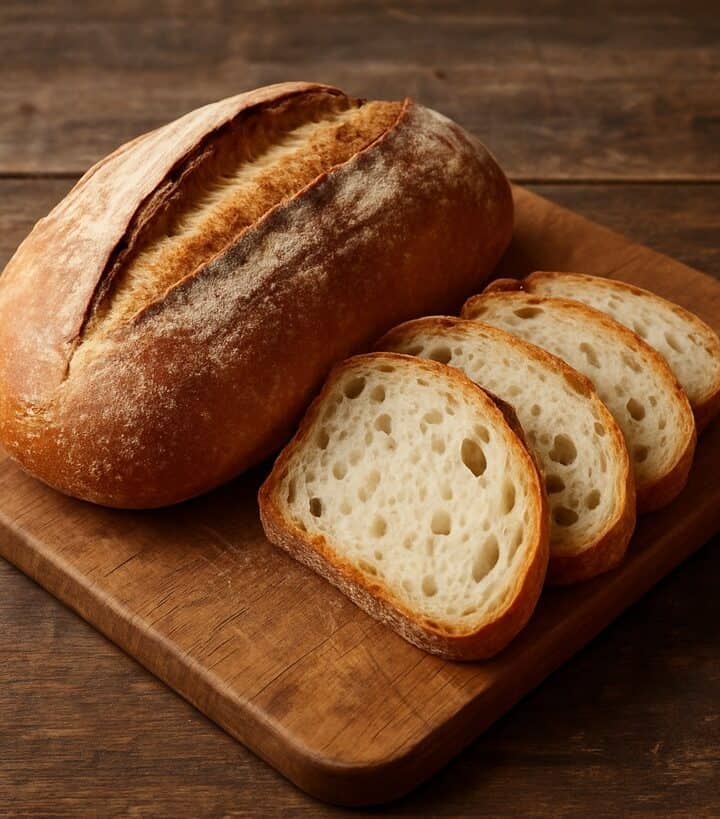 Pagnotta di pane rustico con fette affettate su tagliere di legno