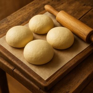 Quattro panetti di pasta per pizza su tagliere con mattarello