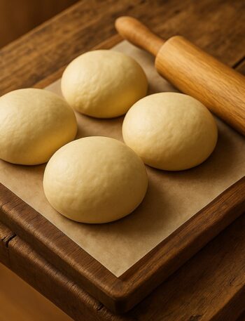 Quattro panetti di pasta per pizza su tagliere con mattarello