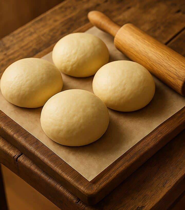Quattro panetti di pasta per pizza su tagliere con mattarello