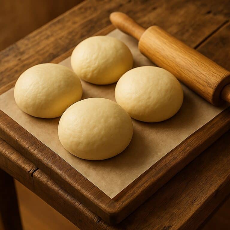 Quattro panetti di pasta per pizza su tagliere con mattarello
