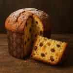 Panettone con una fetta tagliata che mostra l’interno soffice con uvetta e canditi