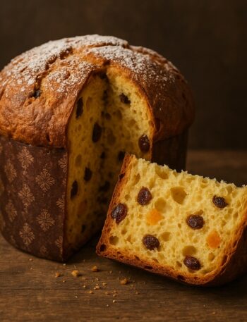 Panettone con una fetta tagliata che mostra l’interno soffice con uvetta e canditi