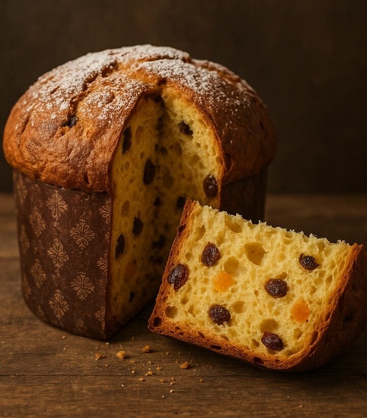 Panettone con una fetta tagliata che mostra l’interno soffice con uvetta e canditi