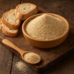 Pangrattato disposto su un tagliere di legno con pane raffermo