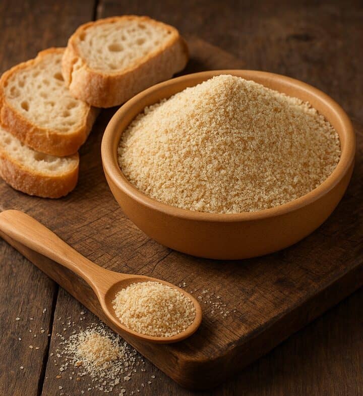 Pangrattato disposto su un tagliere di legno con pane raffermo