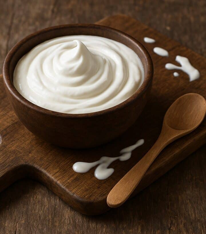 Panna acida densa in ciotola di legno su tagliere rustico