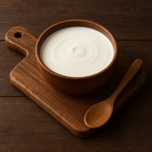 Ciotola di panna da cucina su tagliere di legno con cucchiaio di legno accanto