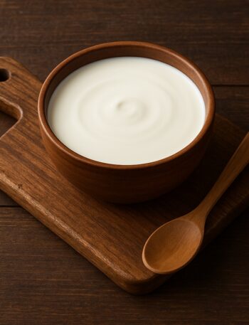 Ciotola di panna da cucina su tagliere di legno con cucchiaio di legno accanto