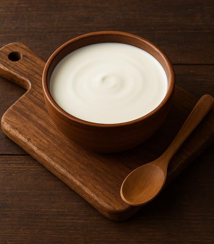 Ciotola di panna da cucina su tagliere di legno con cucchiaio di legno accanto