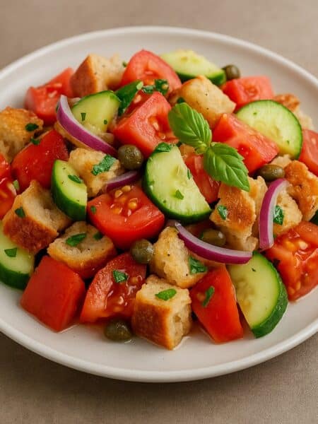 Panzanella con pane toscano, pomodori a cubetti, cetriolo a mezzaluna, cipolla rossa e basilico su piatto piano