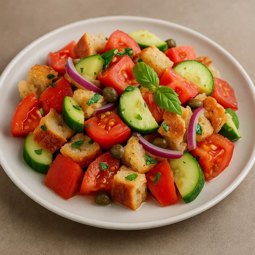 Panzanella con pane toscano, pomodori a cubetti, cetriolo a mezzaluna, cipolla rossa e basilico su piatto piano