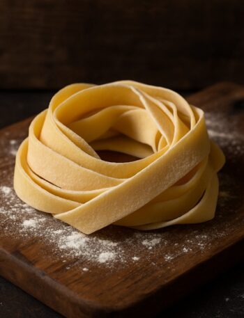 Nido di pappardelle fresche fatte a mano su tagliere di legno rustico