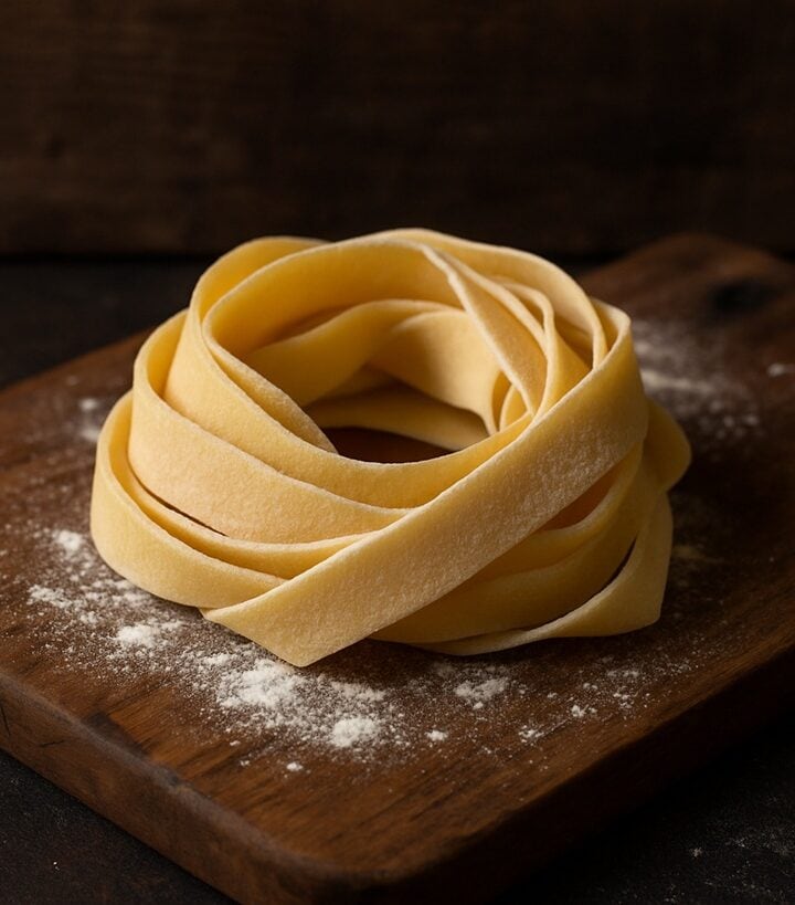 Nido di pappardelle fresche fatte a mano su tagliere di legno rustico