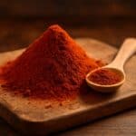 Fotografia realistica di paprica rossa in polvere su un tagliere di legno con cucchiaio
