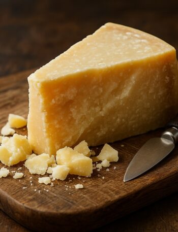 Parmigiano Reggiano a pezzi su tagliere di legno con coltello da formaggio