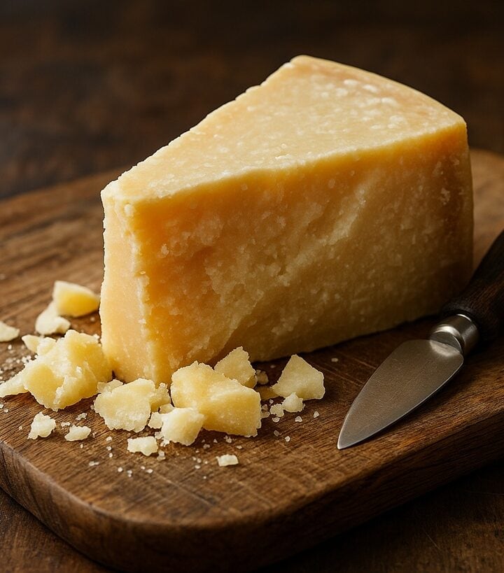 Parmigiano Reggiano a pezzi su tagliere di legno con coltello da formaggio