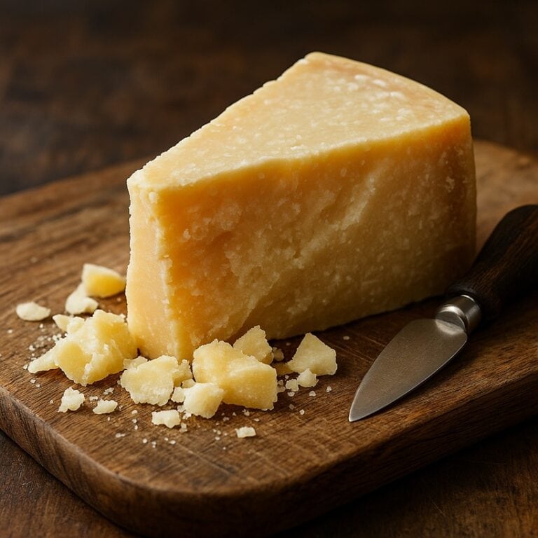 Parmigiano Reggiano a pezzi su tagliere di legno con coltello da formaggio