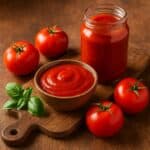 Barattolo e ciotola di passata di pomodoro su tagliere di legno, con pomodori e basilico