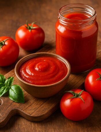 Barattolo e ciotola di passata di pomodoro su tagliere di legno, con pomodori e basilico