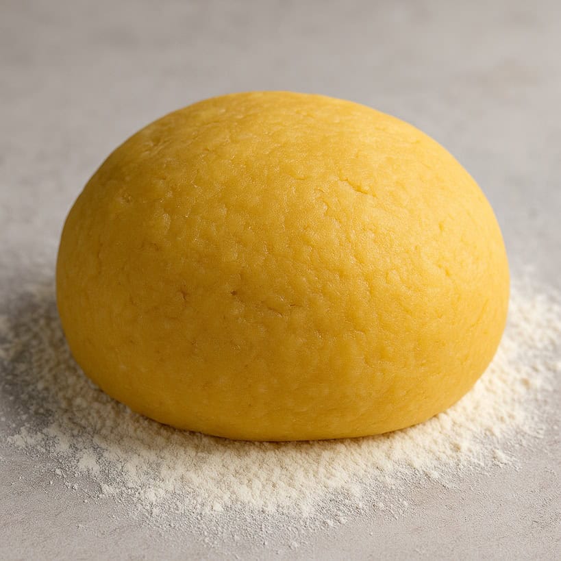 Pasta frolla per crostata appena finita di impastare con le mani