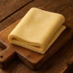 Foglio di pasta sfoglia piegato su tagliere in legno