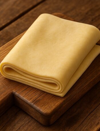 Foglio di pasta sfoglia piegato su tagliere in legno