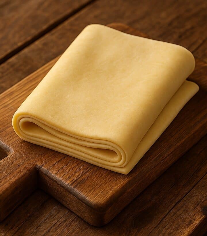 Foglio di pasta sfoglia piegato su tagliere in legno