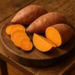 Patate dolci intere, a fette e a spicchi su tagliere in legno
