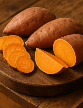 Patate dolci intere, a fette e a spicchi su tagliere in legno