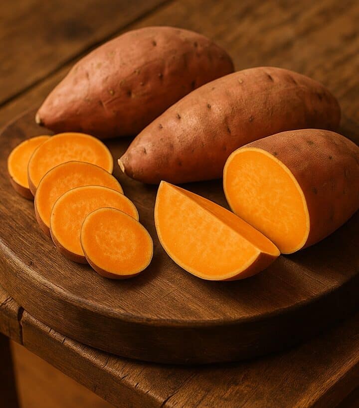 Patate dolci intere, a fette e a spicchi su tagliere in legno