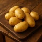 Gruppo di patate dorate su tagliere in legno