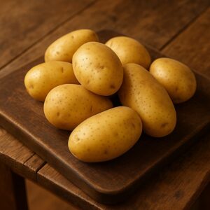Gruppo di patate dorate su tagliere in legno
