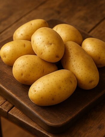 Gruppo di patate dorate su tagliere in legno
